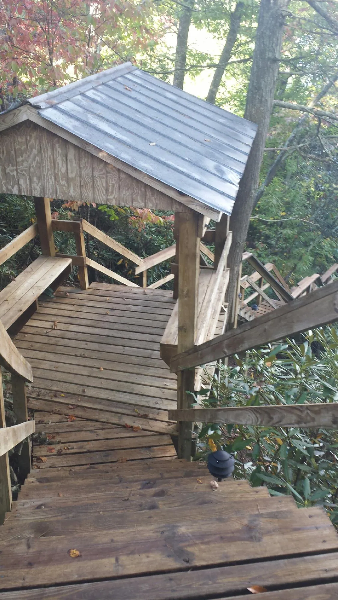 Metal roofed shelter over wooden steps on a wooded walkway — Skylight Repair & Installation work by our crew in Henryville